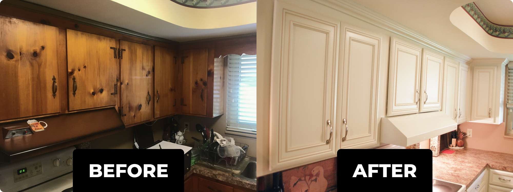 Before and after of a cabinet refacing renovation: dated knotty-wood cabinets transformed into bright white raised-panel cabinets