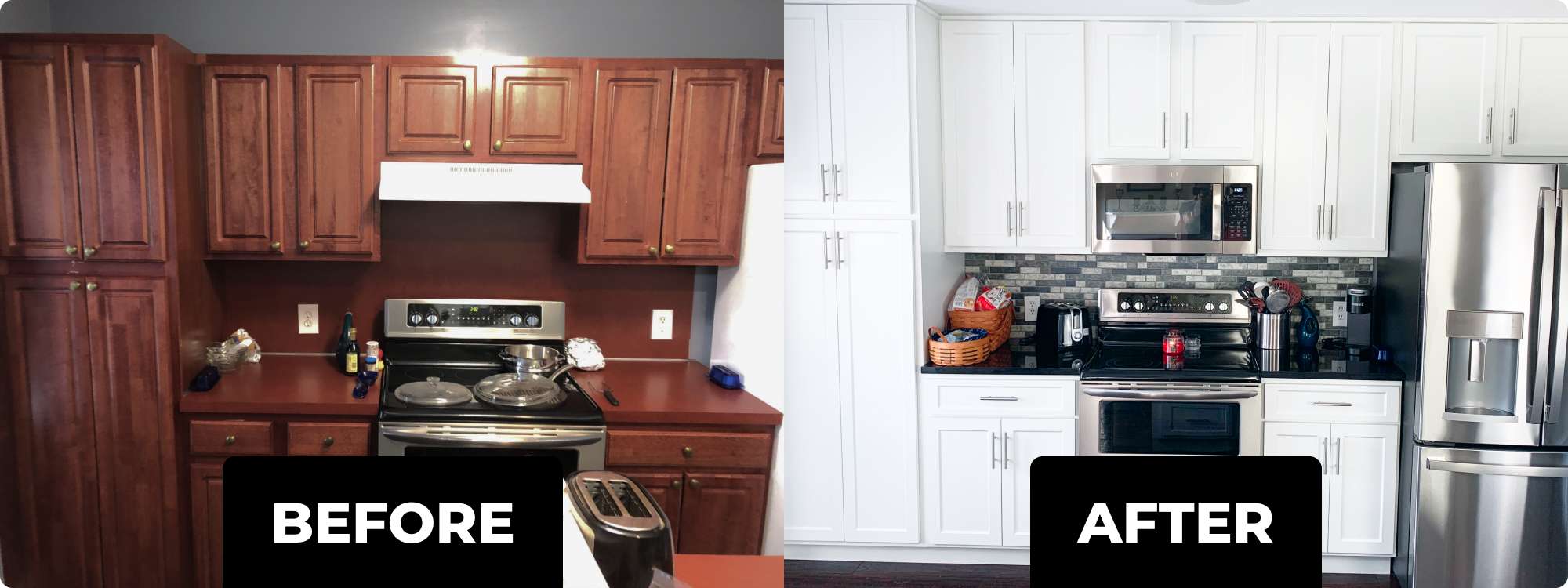 Before and after of a kitchen cabinet refacing renovation by Johnson Cabinets