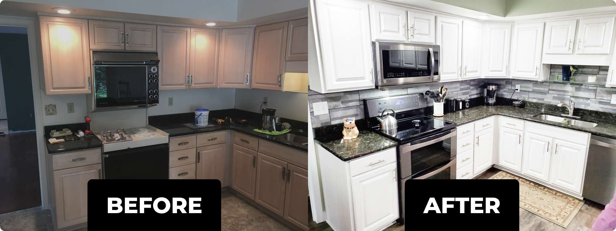 Before and after of a kitchen cabinet refacing renovation by Johnson Cabinets
