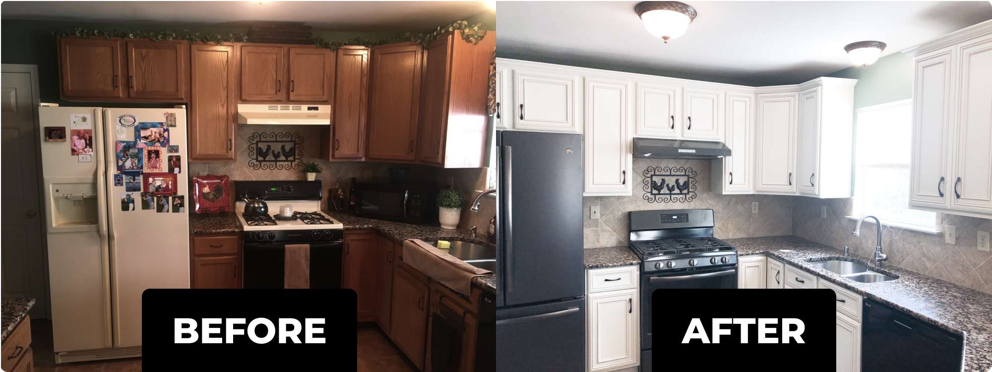 Before and after of a kitchen cabinet refacing renovation by Johnson Cabinets