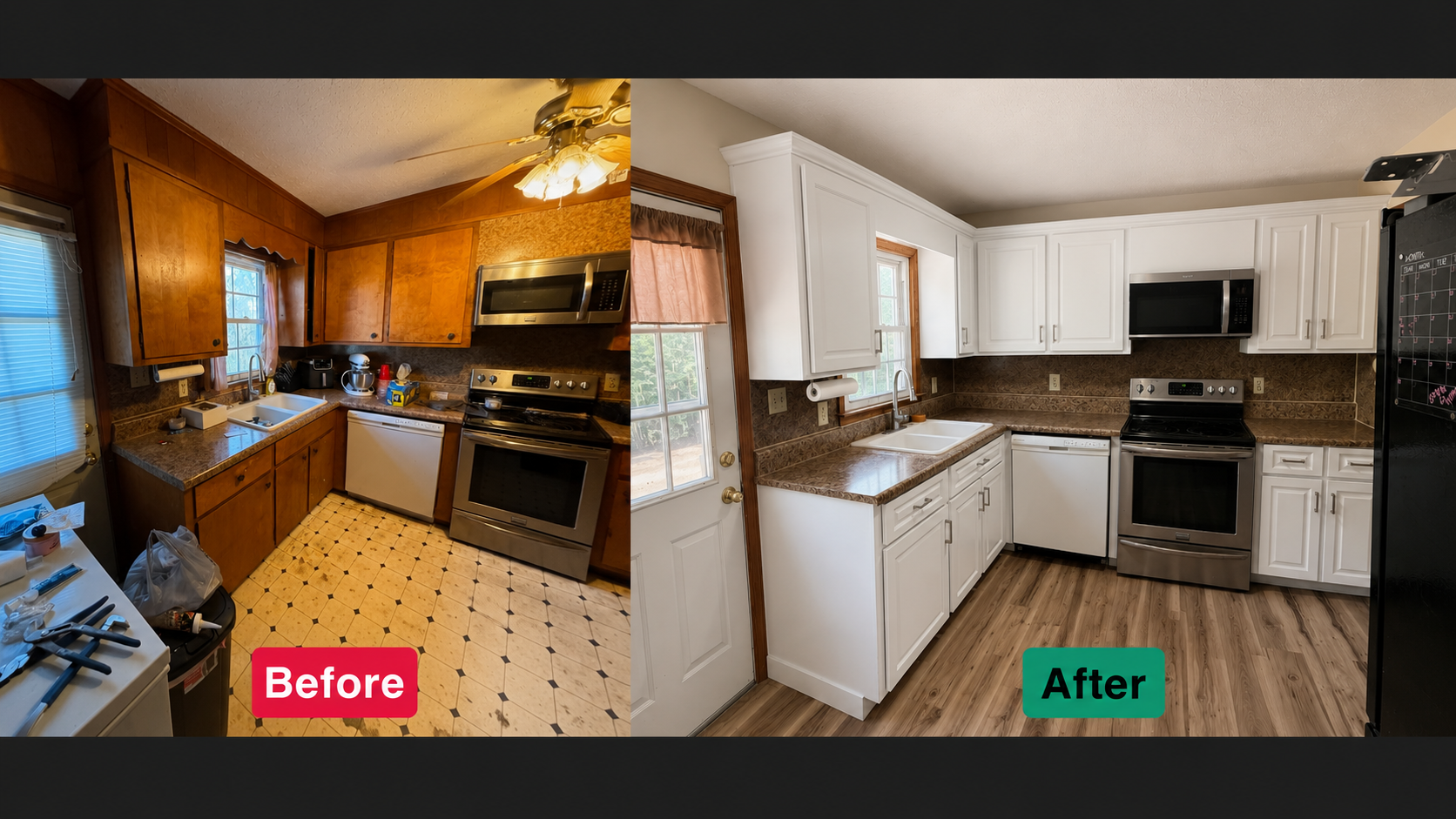 Before and after comparison of a kitchen cabinet refacing project